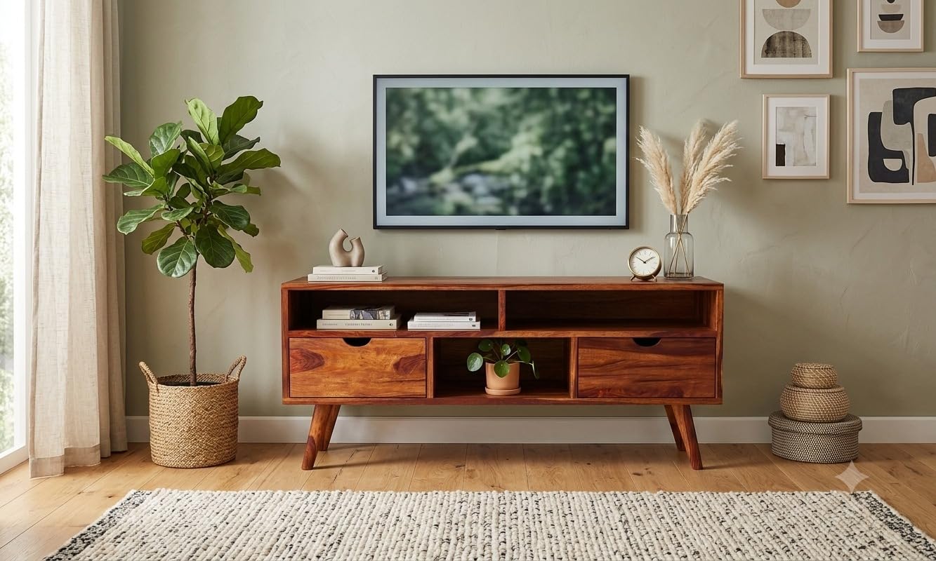 Solid Wood TV Unit, 49x16x22 inch, Honey Finish | Mid-Century Modern, 2 Drawers, Open Shelves, Angled Legs, Living Room-image-46