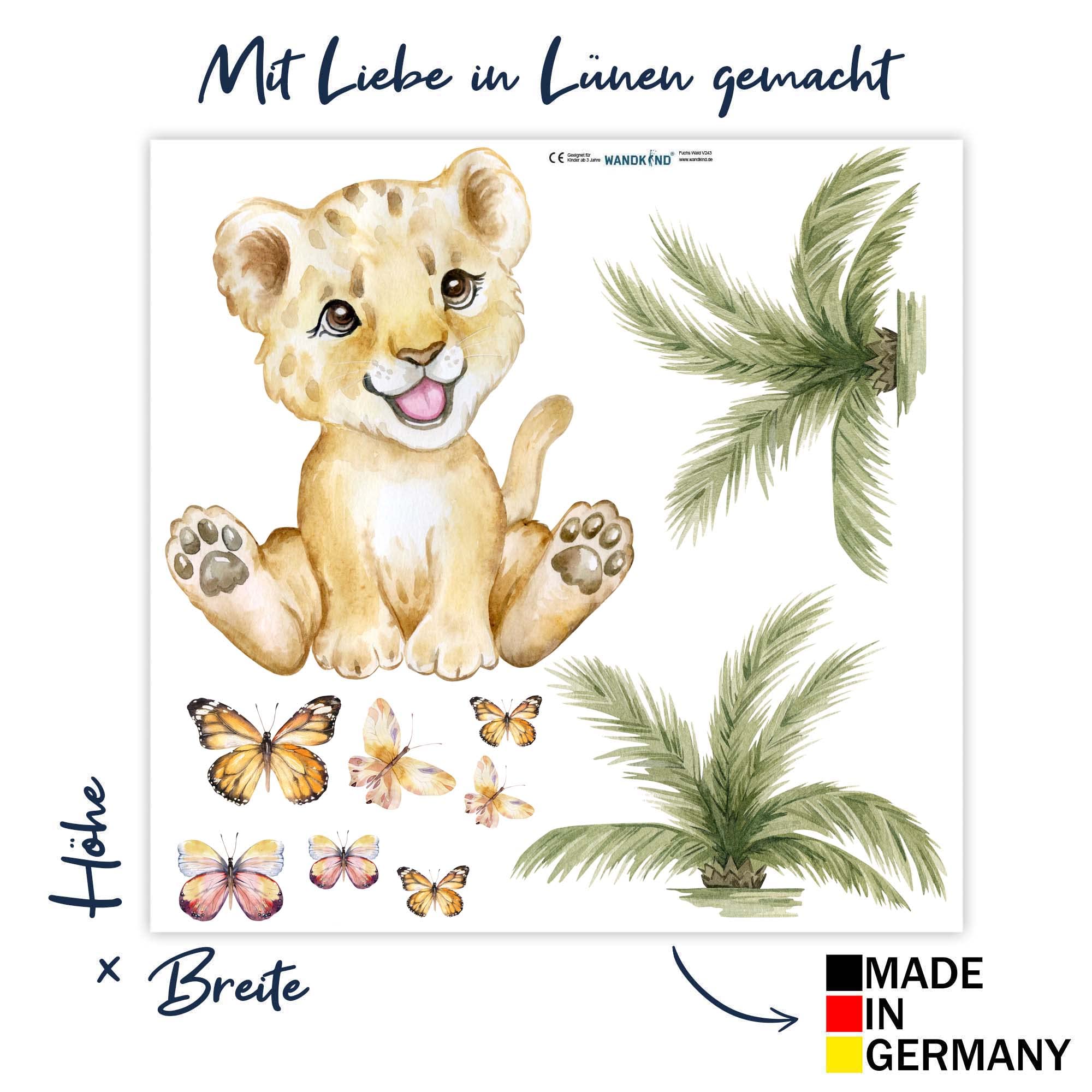 WANDKIND Löwe & Schmetterlinge V357 Wandtattoo Kinderzimmer | handgezeichnet | AUFKLEBER Kindergarten | Wandsticker Babyzimmer Leo mit Sterne Löwen Schmetterling Safari (100 x 100 cm)