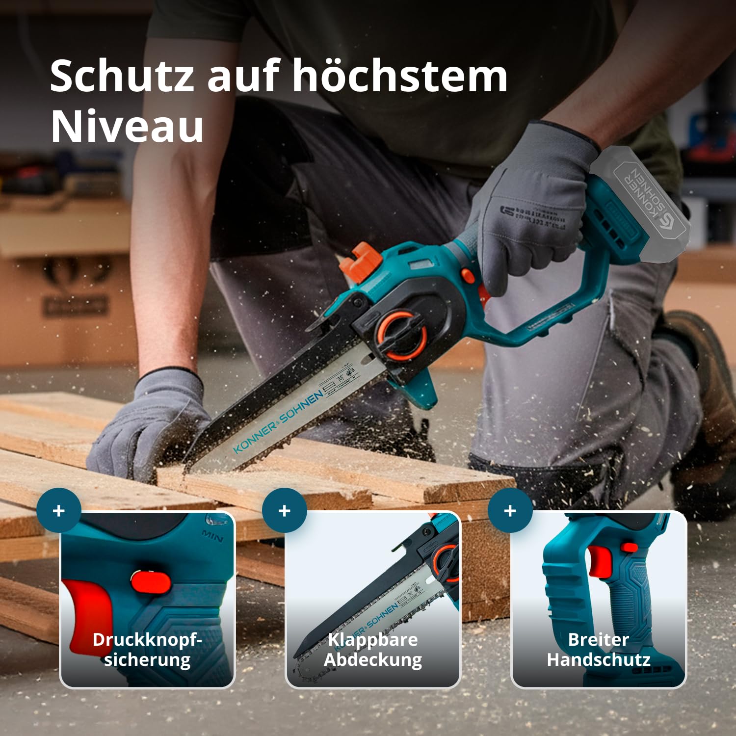 K&S Könner&Söhnen KS MCS20V-8 akumulatorowa mini piła łańcuchowa z mieczem 8" i 8 m/s, prędkość łańcucha, elektryczna ręczna piła łańcuchowa z automatycznym smarowaniem łańcucha, jednoręczna piła