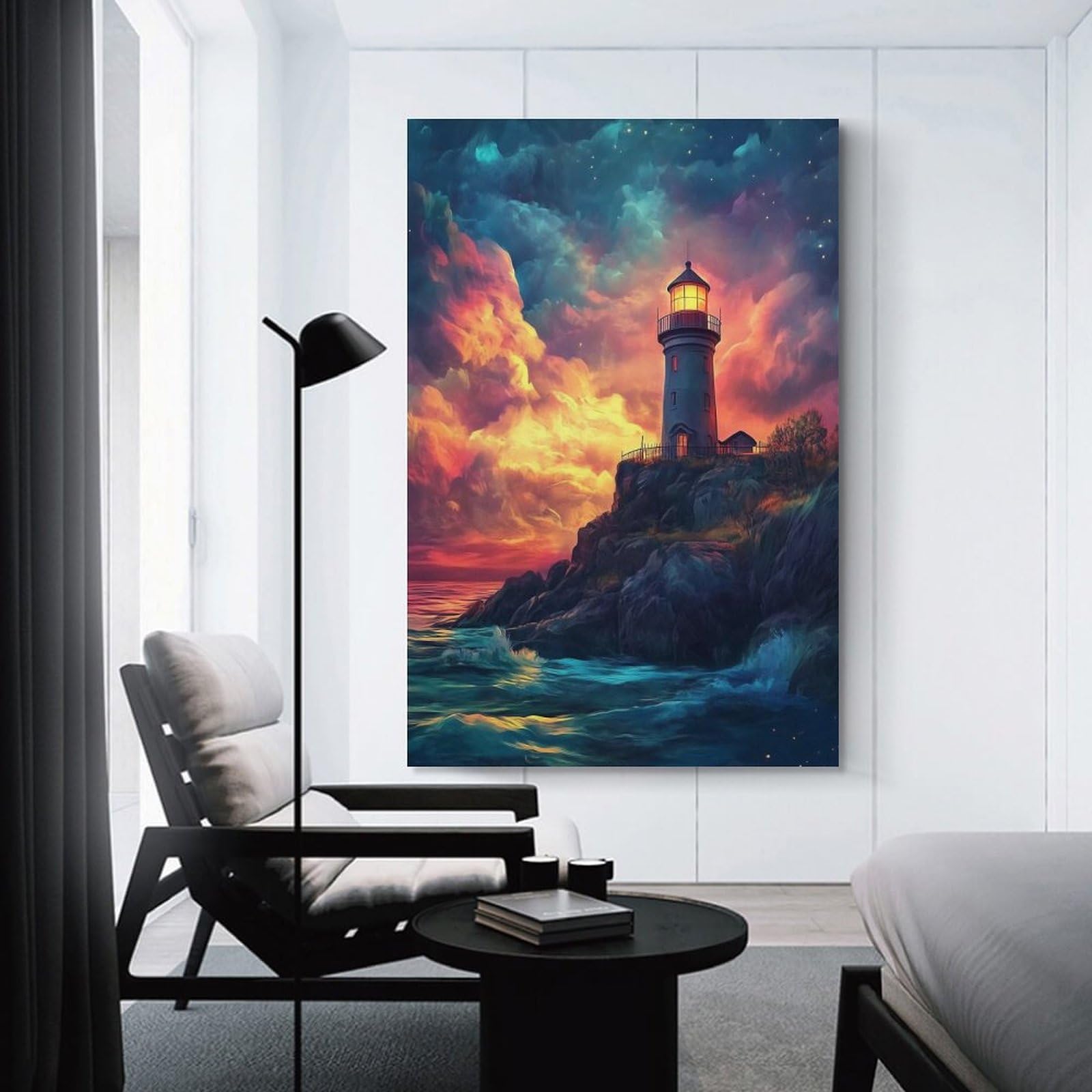 Junmoney Canvas Wall Art Lighthouse at Sunset, 24x36inch(60x90cm), for Lounge Decor, Bedroom Walls Or Flats, Eye Catching Artwork for Blank Walls