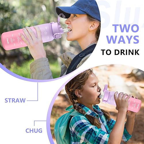 Miniatura 7 de Botella de agua aislada de acero inoxidable de 32 onzas con asa, botella aislada de doble pared de 1 litro con marcador de tiempo libre de BPA,