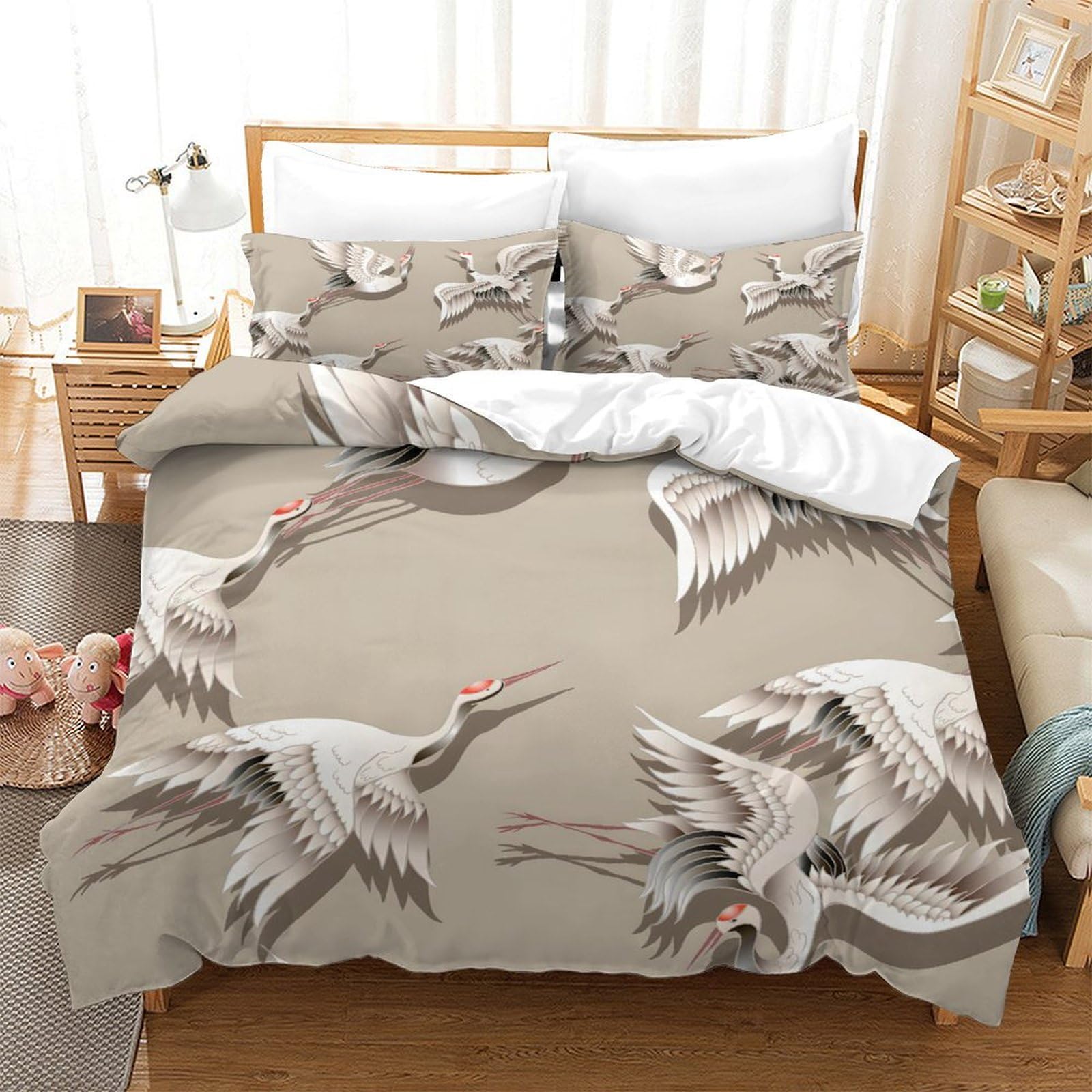 GDEKCIEAS Japanese White Crane Girls Bedding Set,3Pcs Duvet Cover with Decorative Quilt Design,Ultra Soft Comforter Cover for Teens And Kids Single（140x200cm）