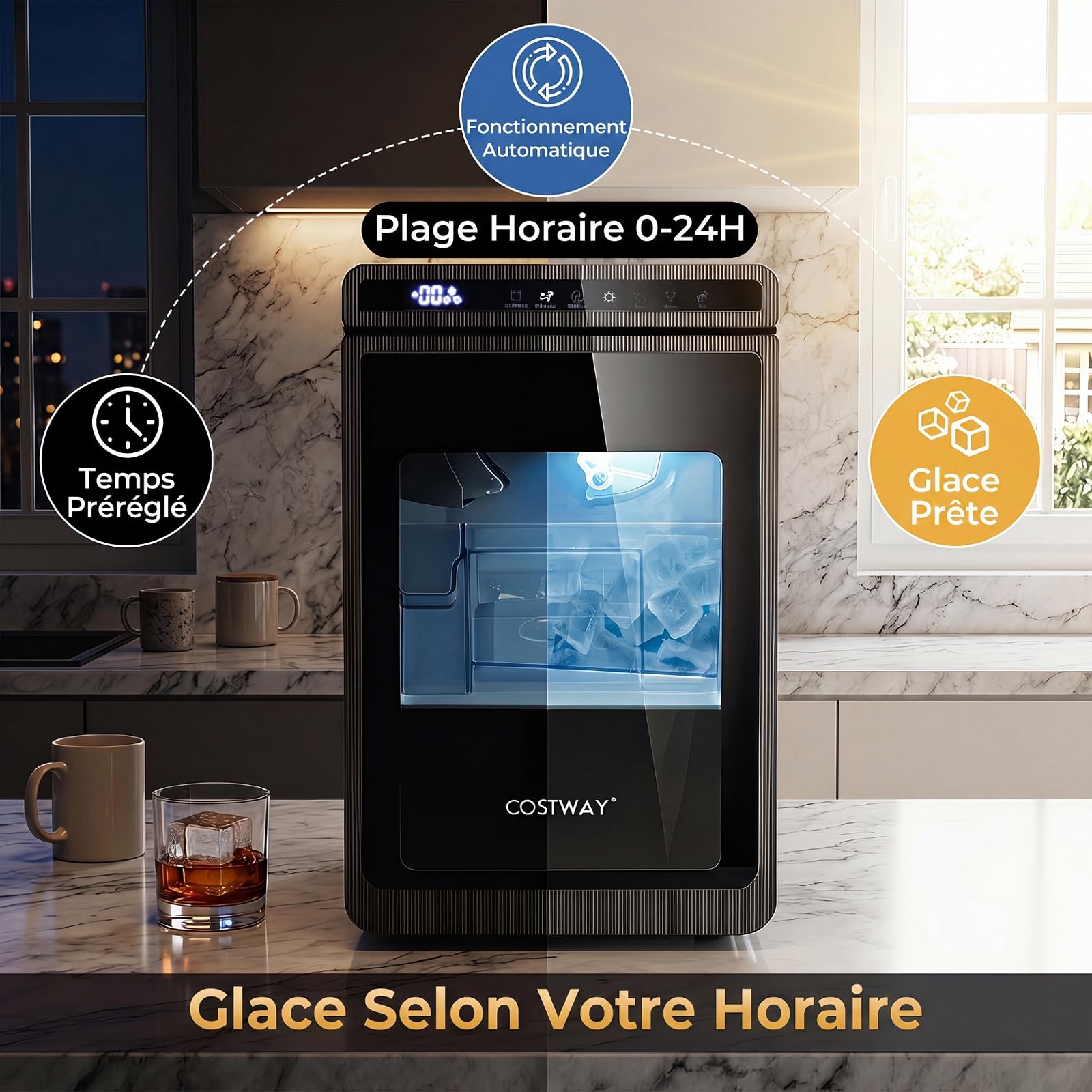 COSTWAY Machine a Glacons Transparents de Comptoir | Machine à Glace Silencieuse 12 kg/24h, Glaçons Carrés 4 cm à Fonte Lente, Épaisseur Réglable Auto-Nettoyage, Minuterie 24H