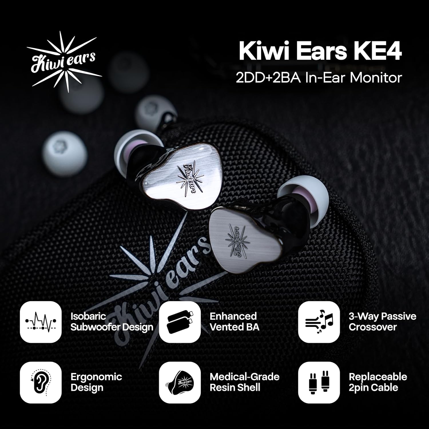 Linsoul Kiwi Ears KE4 in Ear Monitor (Silver) + LC02 in Ear Monitor Case