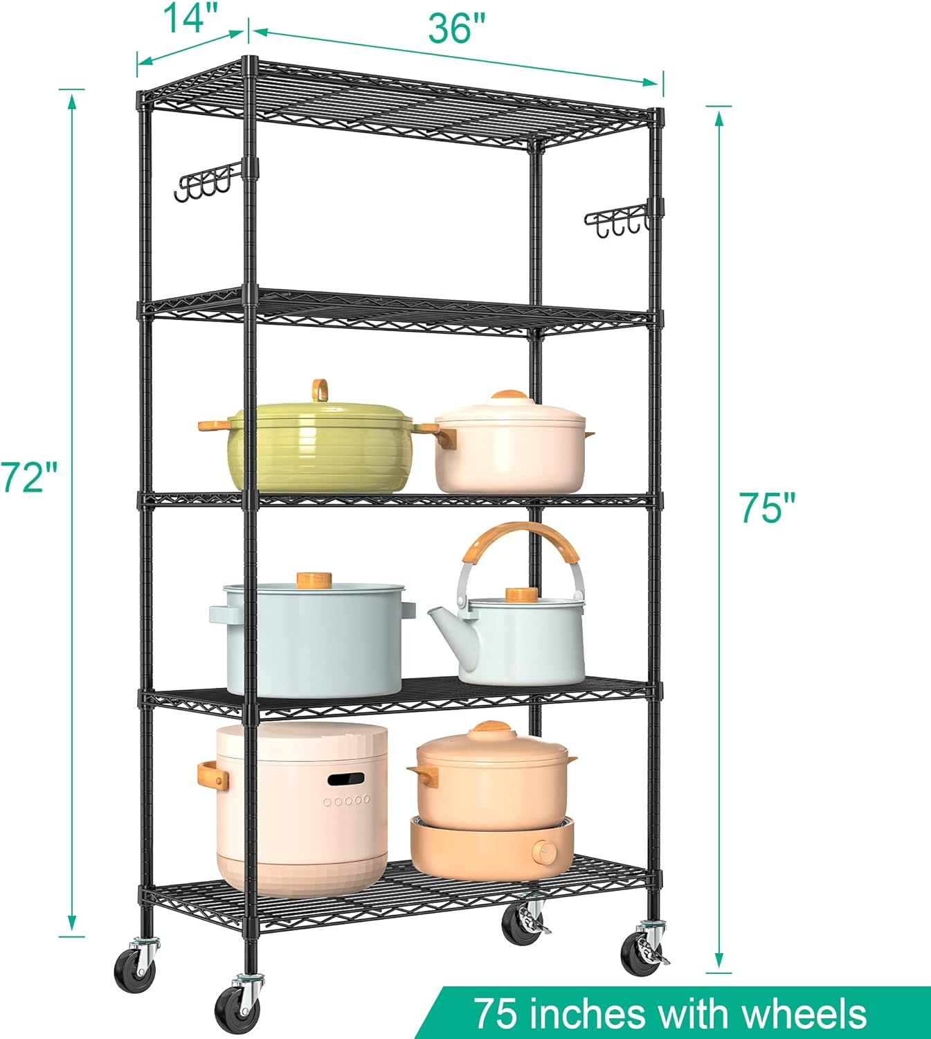 5 Tier Storage Shelves with Wheels - Adjustable Wire Shelving Unit Metal Shelves for Storage Rolling Utility Shelf Organizer Rack for Kitchen Garage Pantry Closet Laundry(14D x 36W x 75H) - Image 3