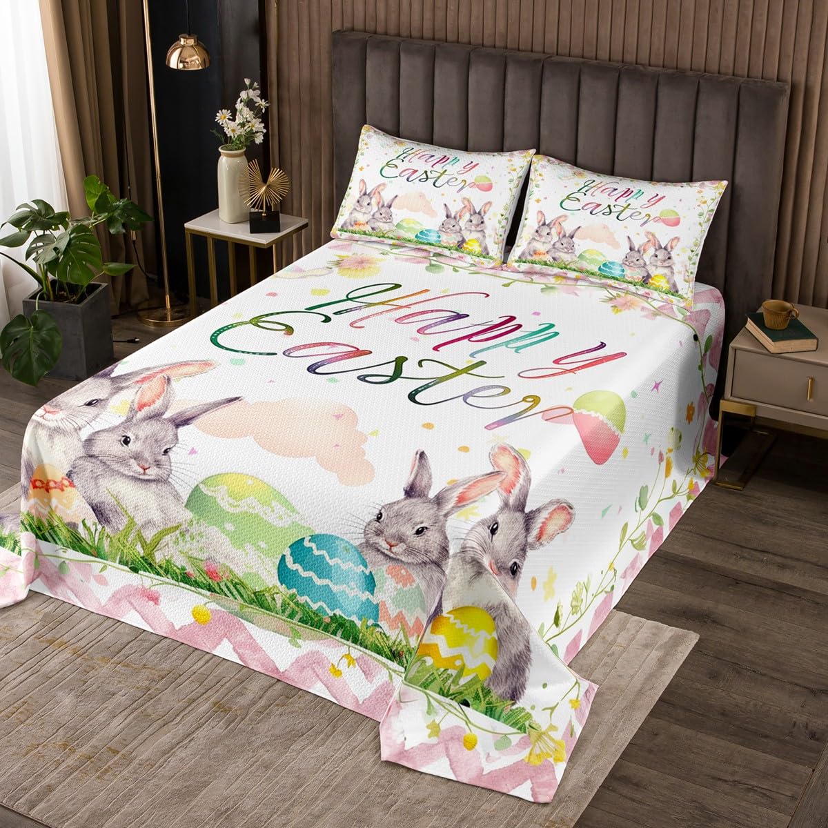 Wesołych Świąt Wielkanocnych Kołdra dla dzieci i chłopców, akwarela, uroczy królik z nadrukiem jajek, zestaw do sypialni, miękka pikowana, Kawaii Lovely Leaves, różowa kołdra z 1 poduszką Sham