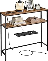 VASAGLE Narrow Console Table with Power Outlet USB Ports, 2-Tier Sofa Table for Entryway Living Room, Rustic Brown Black 31.5in ULNT135K01