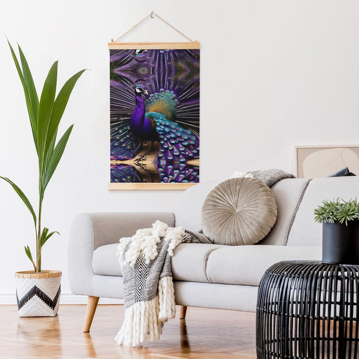 Purple Peacock Print Poster Hanger,Hanging Poster, Poster Frame,Wood Poster Hanger, For Wall Hanging