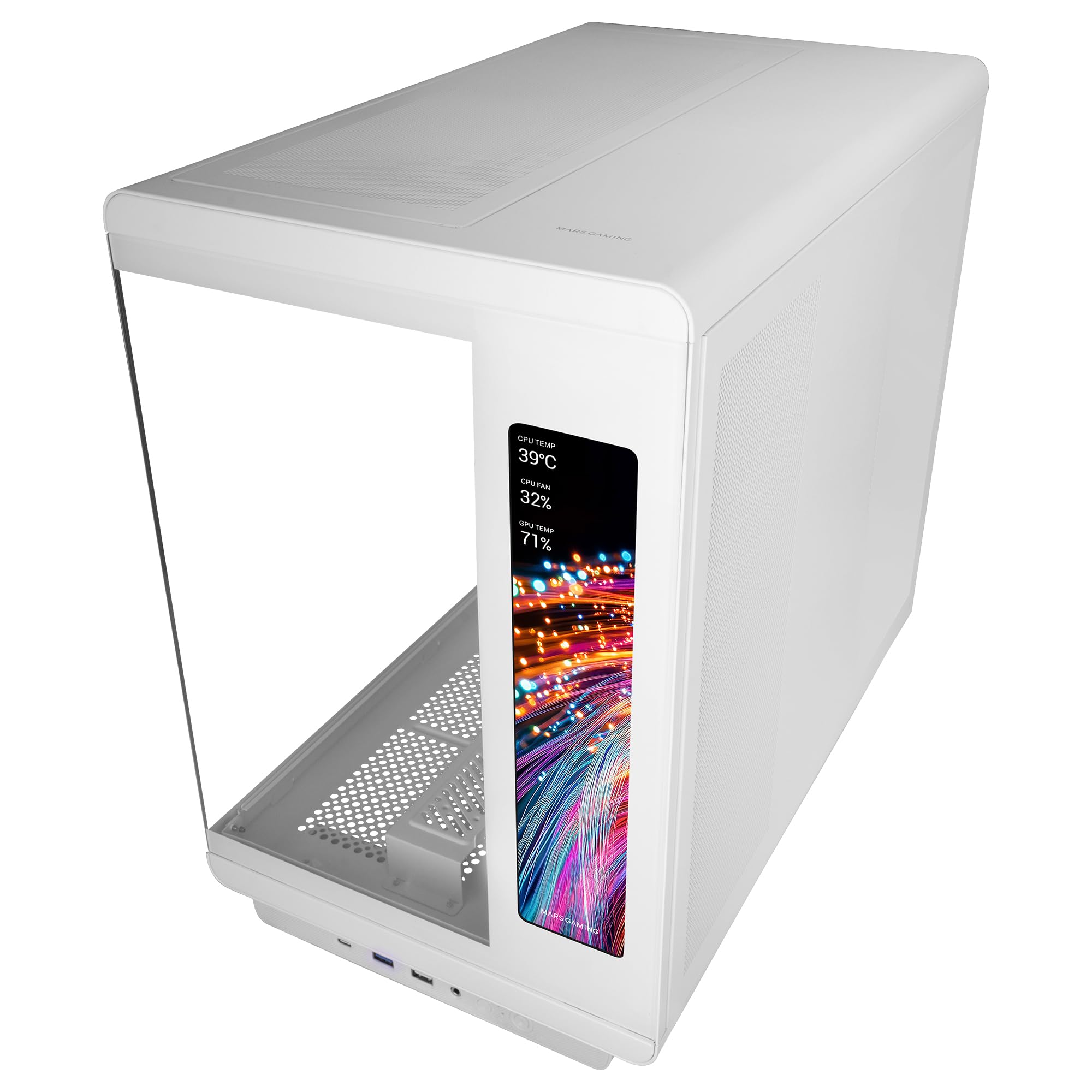 Mars Gaming MC-REVMAX, Boîtier PC ATX, Écran IPS 11.8", Verre Trempé Continu, 4 Ventilateurs PWM ARGB, Refroidissement Liquide jusqu'à 360mm, Compatible Cartes Mères à Connecteur Inversé, USB-C, Blanc
