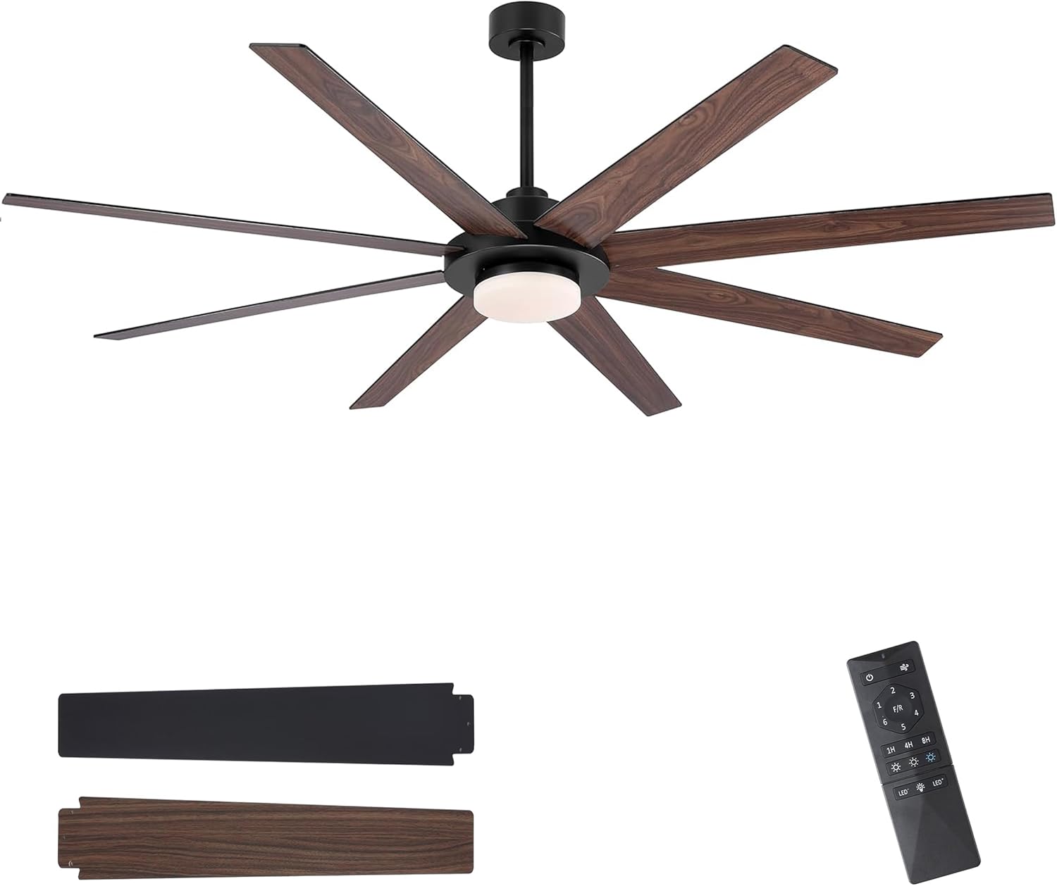 WINGBO 72" Ceiling Fan with Light and Remote Control, 6 Speed Reversible DC Motor, Dimmable LED Light, for Home and Commercial Use, Living Room/Shop/Warehouse Black/Walnut