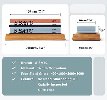 S SATC Knife Sharpening Stone Whetstone 4 Side Grit 400/1000 3000/8000 Stone Knife Sharpeners with Nonslip Rubber Bases, Wood Base, Flattening Stone, and Leather Strop
