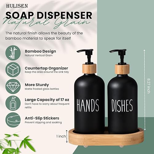 Miniatura 2 de HULISEN Juego de dispensador de jabón para platos con bandeja alta de bambú, juego de dispensador de jabón de cocina, juego de dispensador de jabón