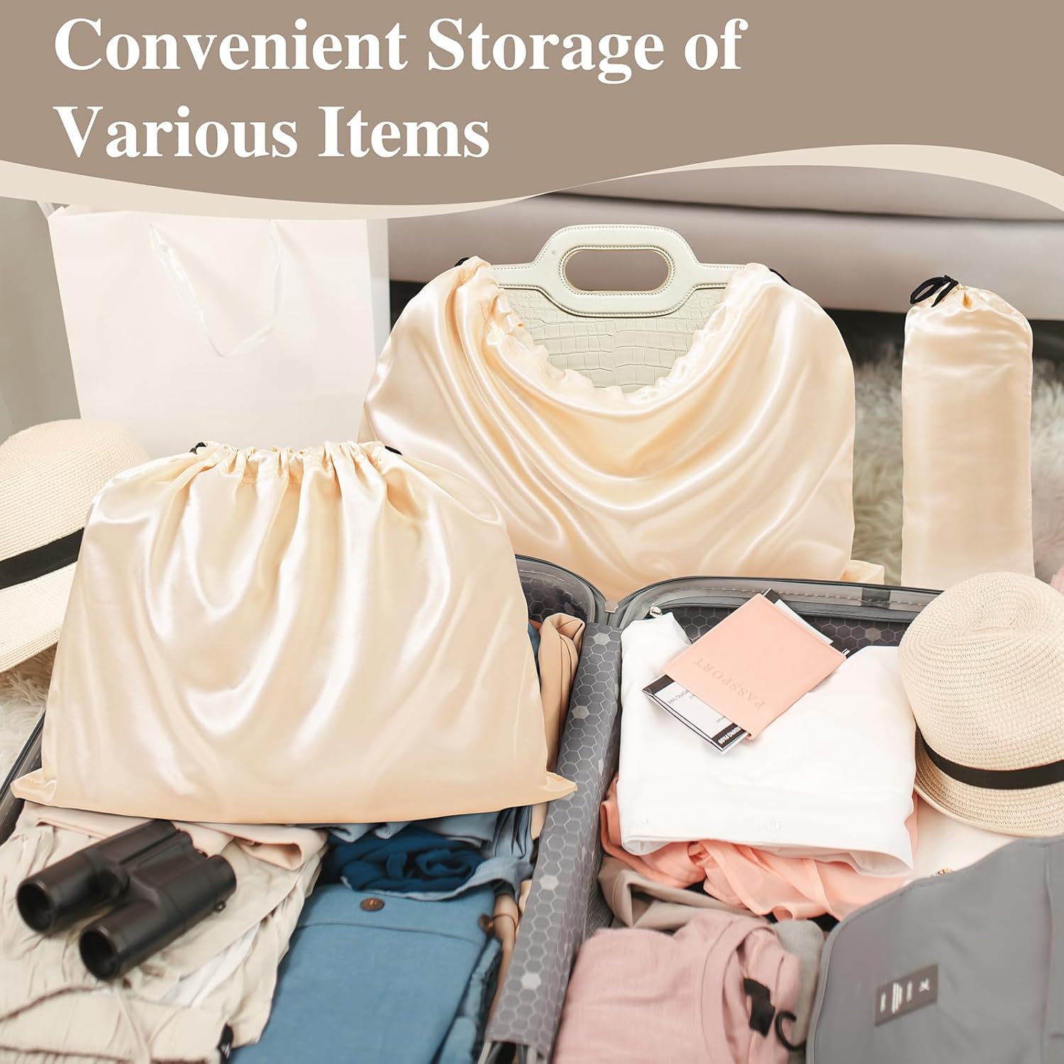 Ersmak 6 Pack Dust Bags for Handbags - Beige Silk Dust Cover Bag for Purses Shoes - Satin Drawstring Dustproof Bags for Travel Storage - 19.7 x 15.7 In - Image 5