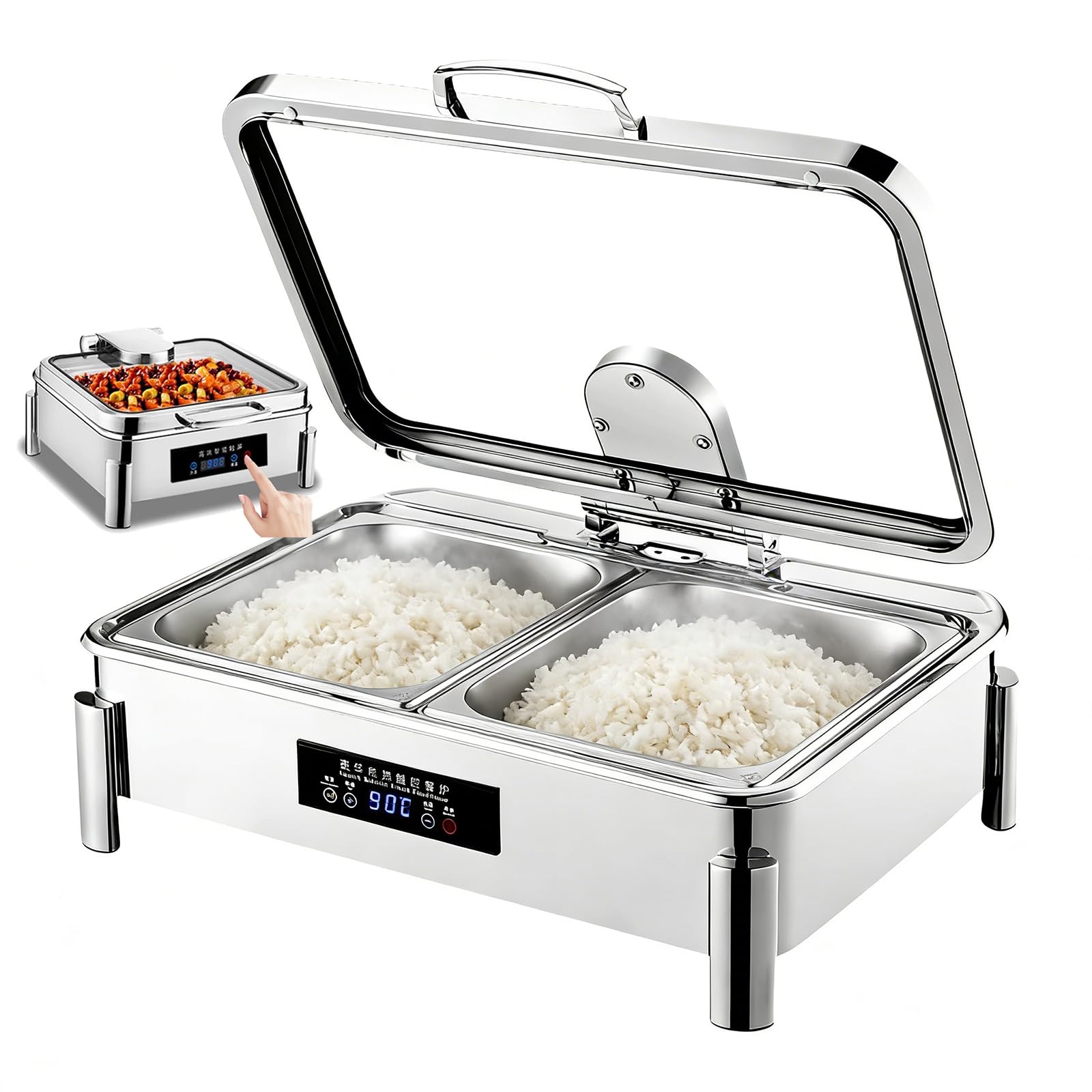 YXYLJOZ Electric Buffet Server with Glass Lid, Adjustable 20℃-90℃ Temperature Control, Stainless Steel Chafing Dish, Rapid Heating & Insulation, Ideal for Catering & Parties (2 Squares 9L)