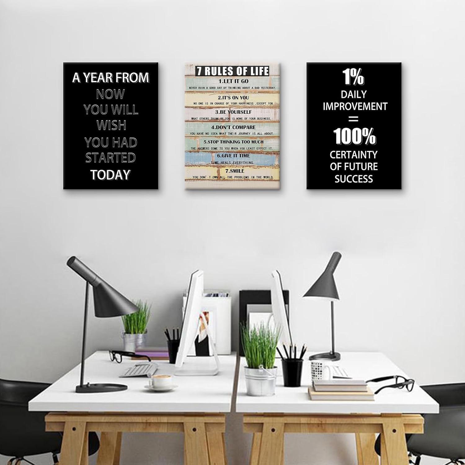 Inspirational Canvas Wall Art 7 Rules Of Life Office Motto Decor Quotes 3 Pieces Motivational Posters Prints for Home Bedroom Living Room Wall Decorations Ready to Hang [36''W x 16''H]