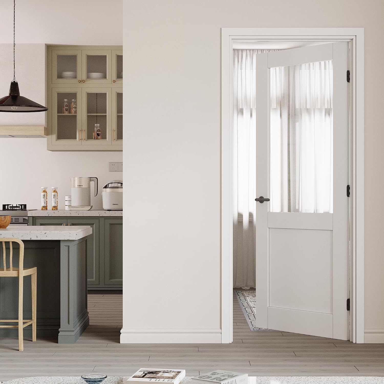 36" x 80" Prehung Door Half Lite Tempered Clear Glass Slab Doors with Jamb Kit, Solid Core MDF Interior Door for Bathroom Pantry Laundry, Home Doors, Easy Assemble - Right Handed