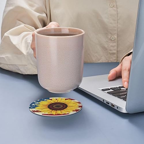 Miniatura 8 de 6 posavasos de cuero de madera con diseño de girasol en la bandera estadounidense para bebidas con soporte, juegos de posavasos para mesa de