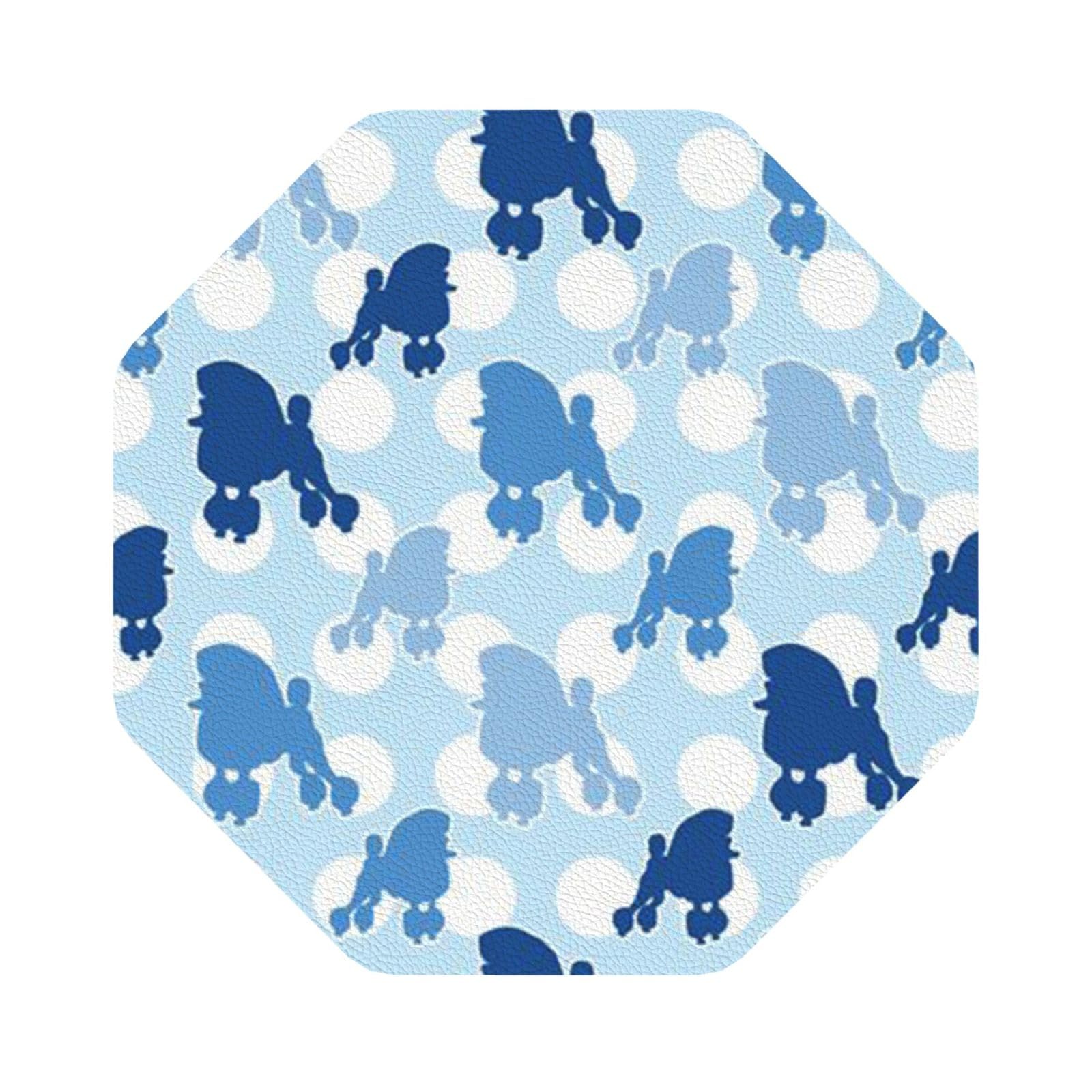 Blue Poodle Polka Dot PU Leather Coasters Set of 6 Octagon Drink Coasters
