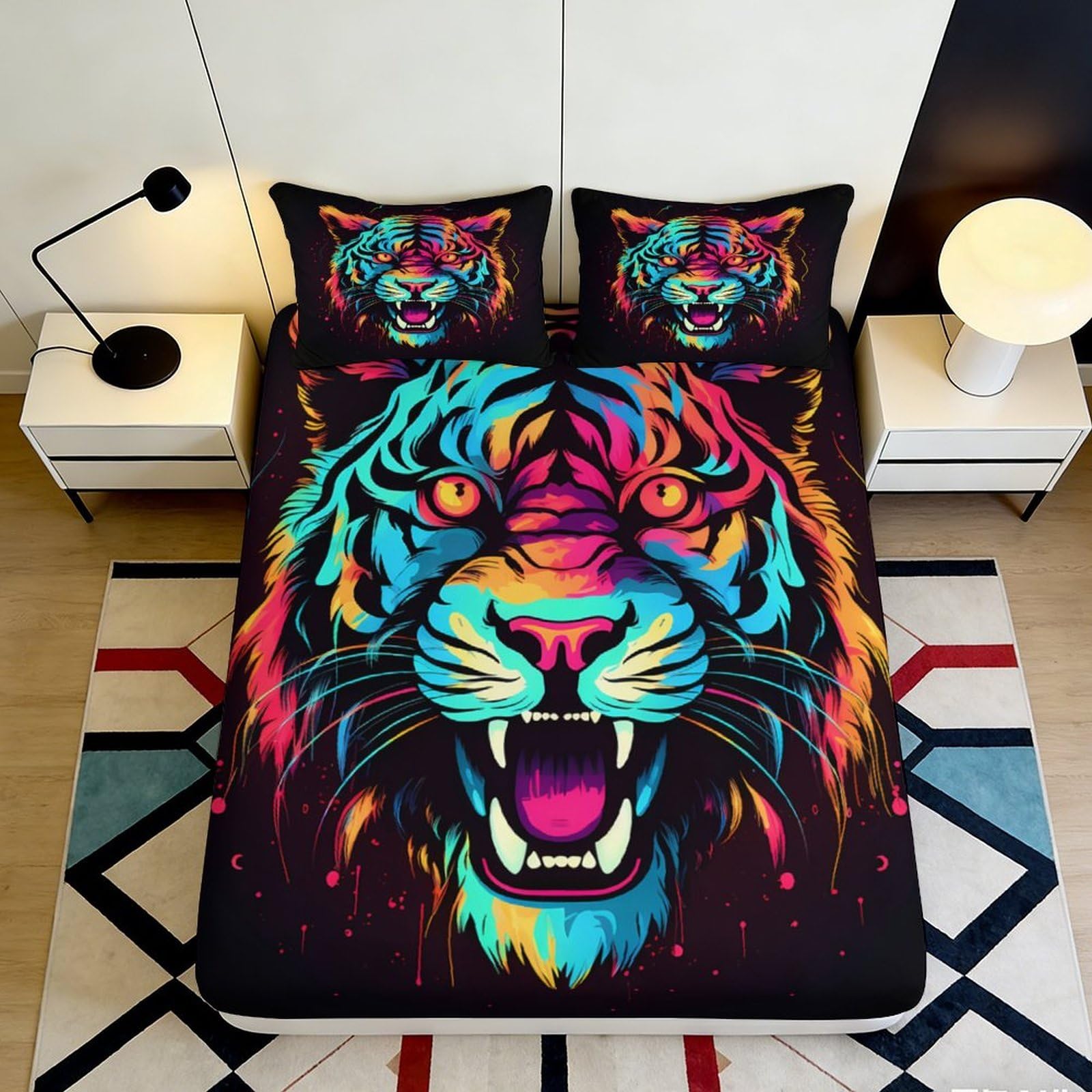 3D Printed Neon Tiger Fitted Sheet Microfiber Soft Durable Vibrant Bed Cover for Bedroom Dormitory Guest Room Mattress Protection 140x200x25cm