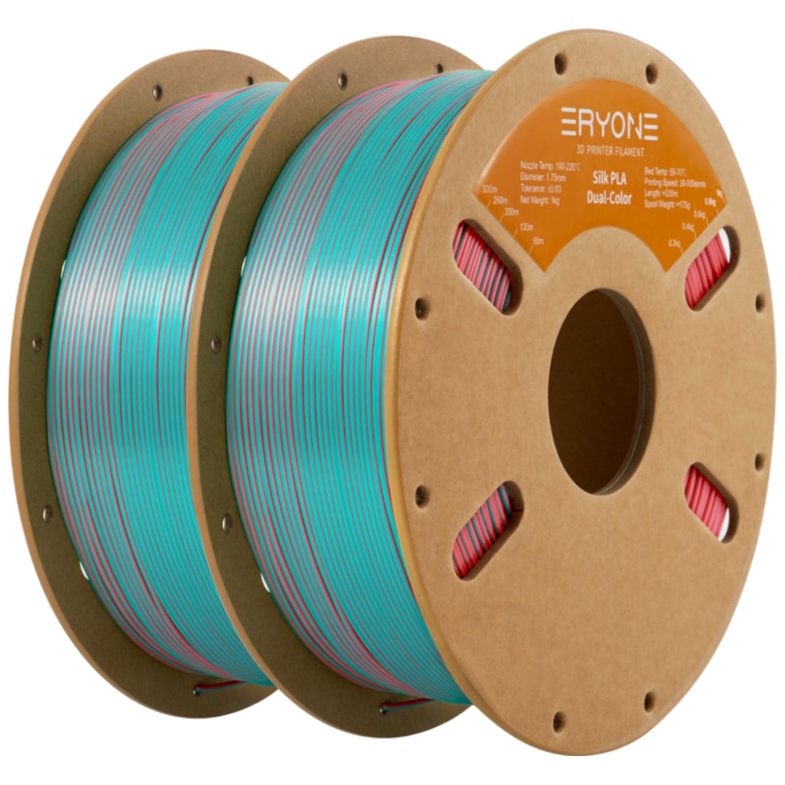ERYONE Silk Dual Color PLA Filament 3D Printer 1.75mm +/- 0.03mm, Bicolor Filament Two Tone PLA Bundle 2KG Cardboard Spool, Teal&amp;Orange Red