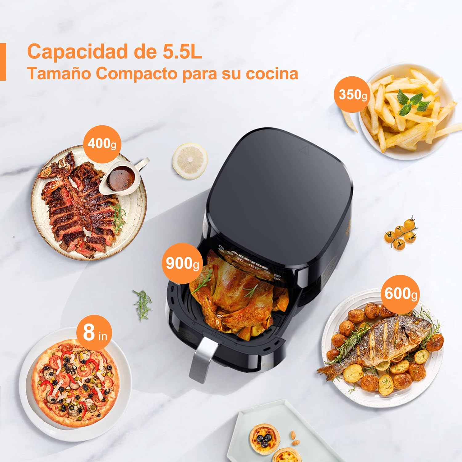 Acezoe air fryer showing various food items and their approximate weights