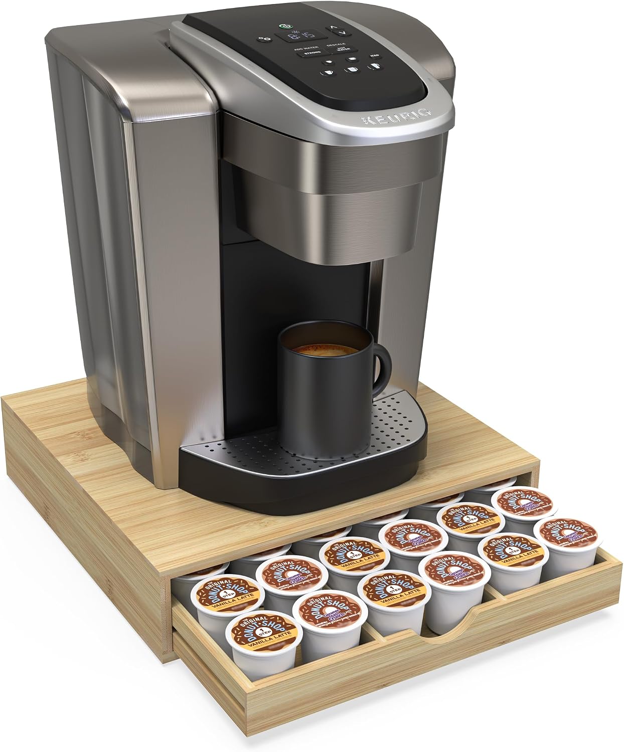 Bamboo Coffee Pod Drawer Organizer Compatible with K-Cups, Under Cabinet Coffee Station Storage Rack, Capsule Holder for 12 Pods, Countertop Coffee Machine Stand, No Assembly Needed