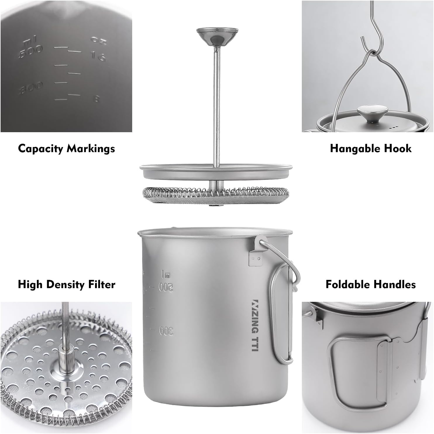 TII ZING Pure Titanium Portable Coffee Press 750ML，camping coffee pot, Ultralight French Press Pot, Cooking & Survival | Compatible with Camp Stoves