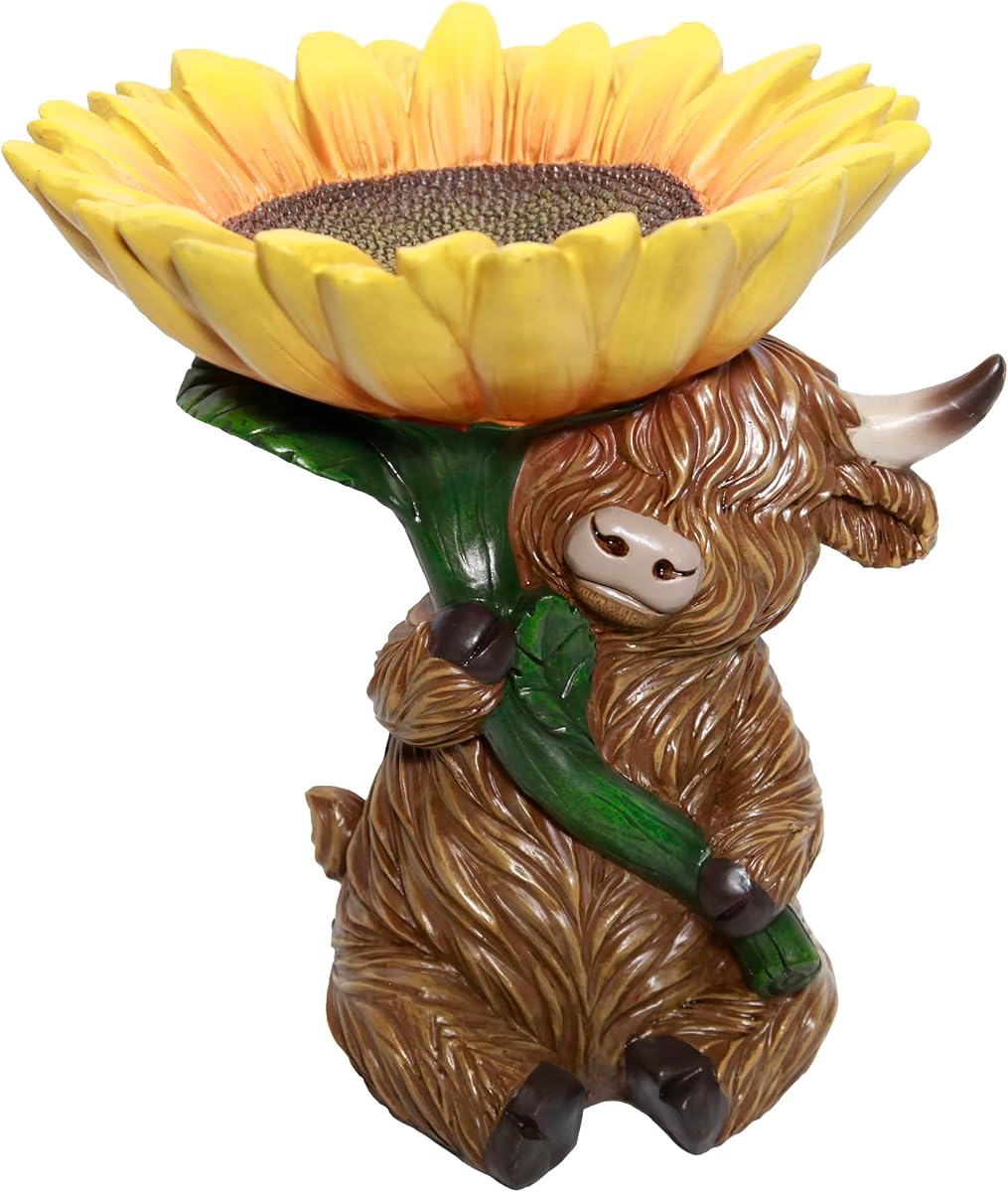 Alpine Corporation WJY114 Estatua de comedero para pájaros con girasol y vaca Highland, decoración de jardín interior y exterior de 10.0 in para patio, patio y exhibición de paisaje