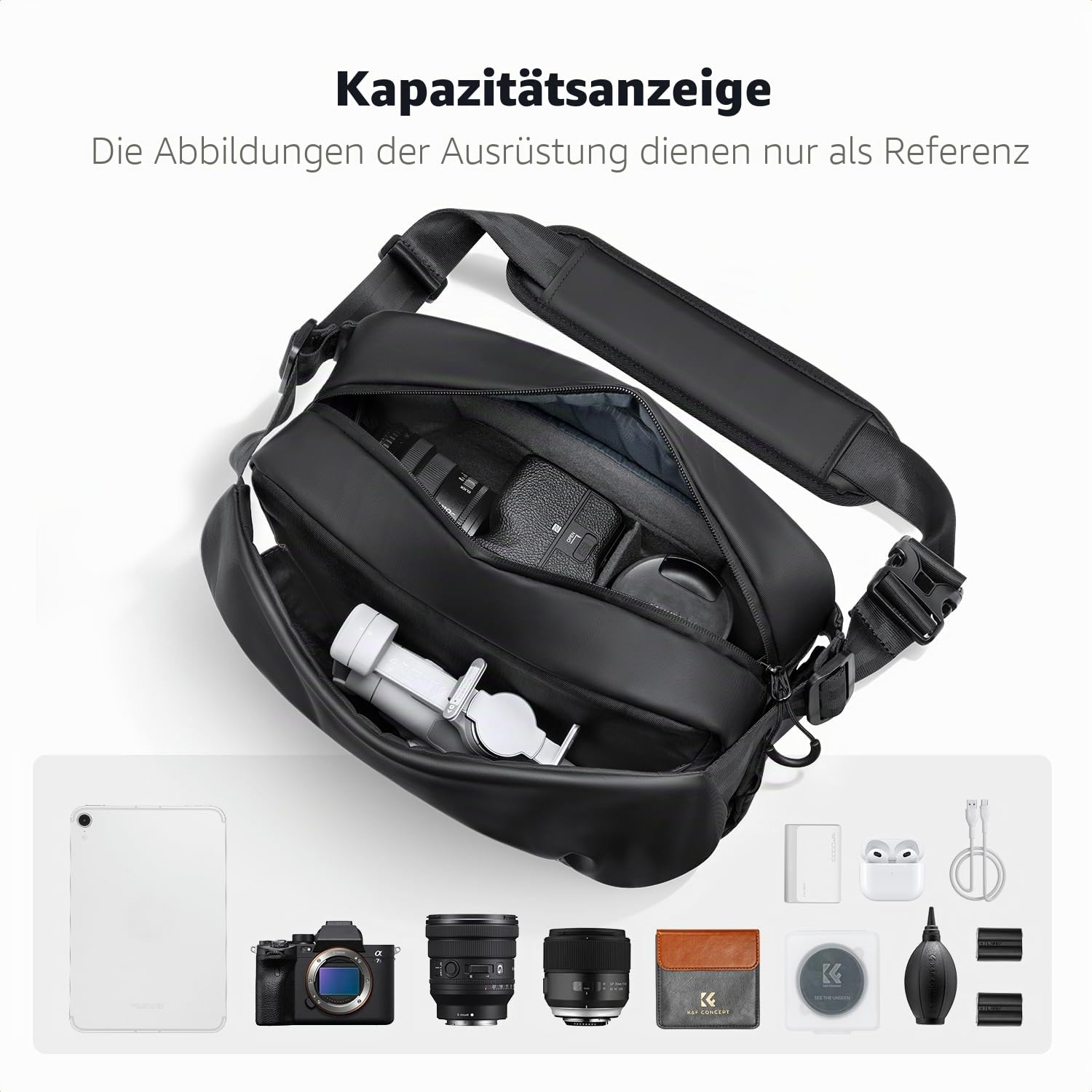 K&F CONCEPT Kameratasche, Fototasche mit halb offener Fronttasche | Schultertasche Kompatibel mit Kameras und Objektiven, Umhängetasche für SLR spiegellose Kamera, Schwarz