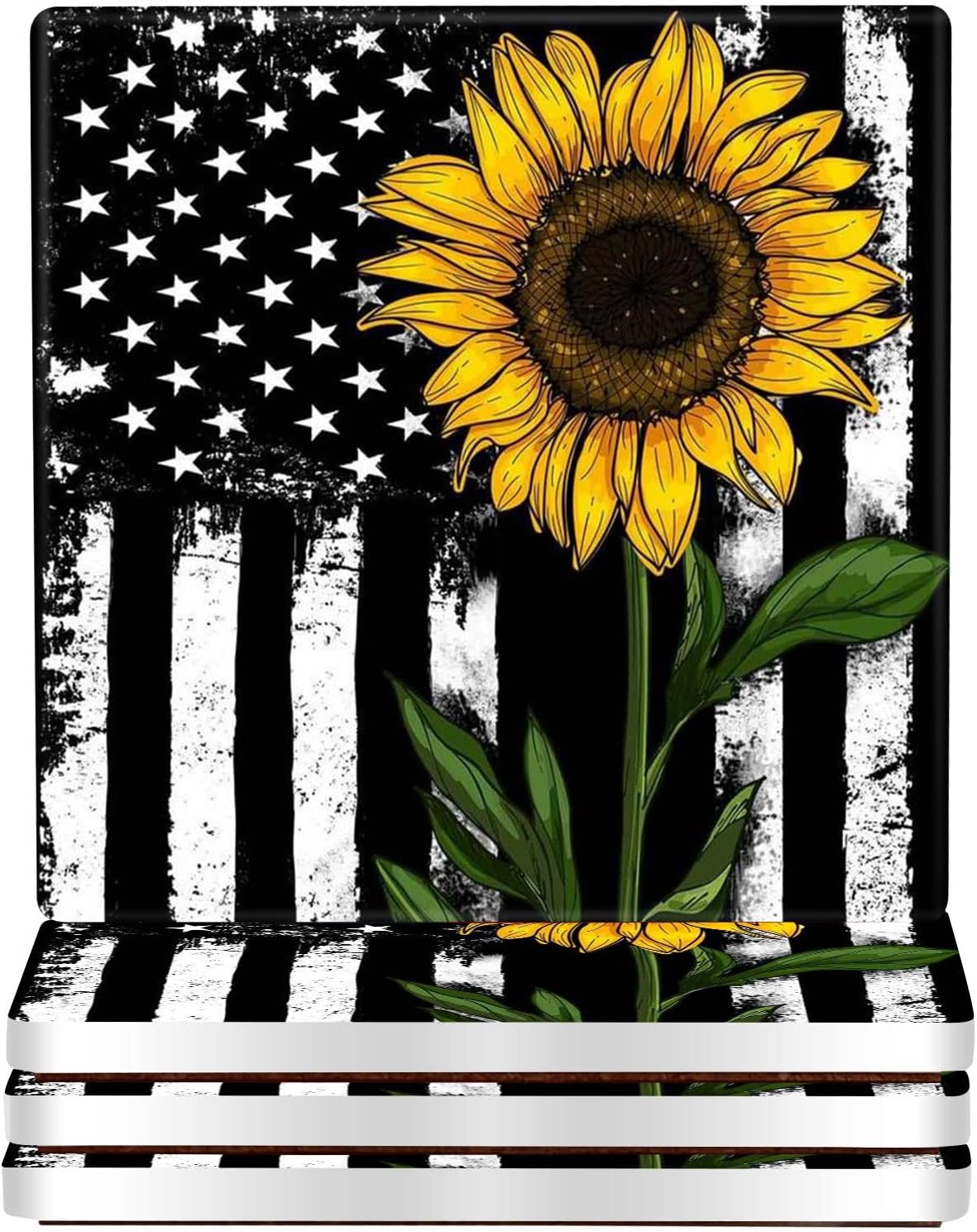 wonlex Ceramic Coasters Absorbent for Drinks, Sunflower Coaster with Cork Base for Coffee Table, Housewarming Gift for Family and Friends, Home Decor, 4 Pack (Black Sunflower)