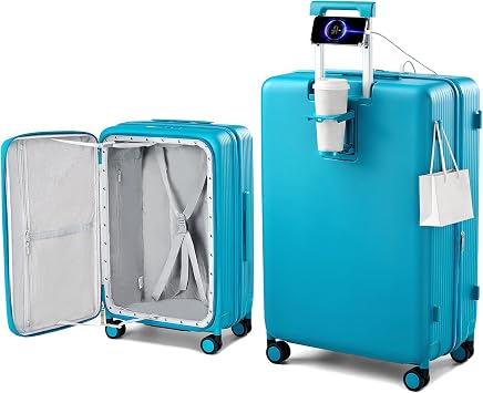 Hanke Large Expandable 28 Inch Luggage with Spinner Wheels Top Opening Travel Luggage Hard Shell Rolling Suitcases Lightweight Checked Luggage with Cup HolderCaribbean Blue