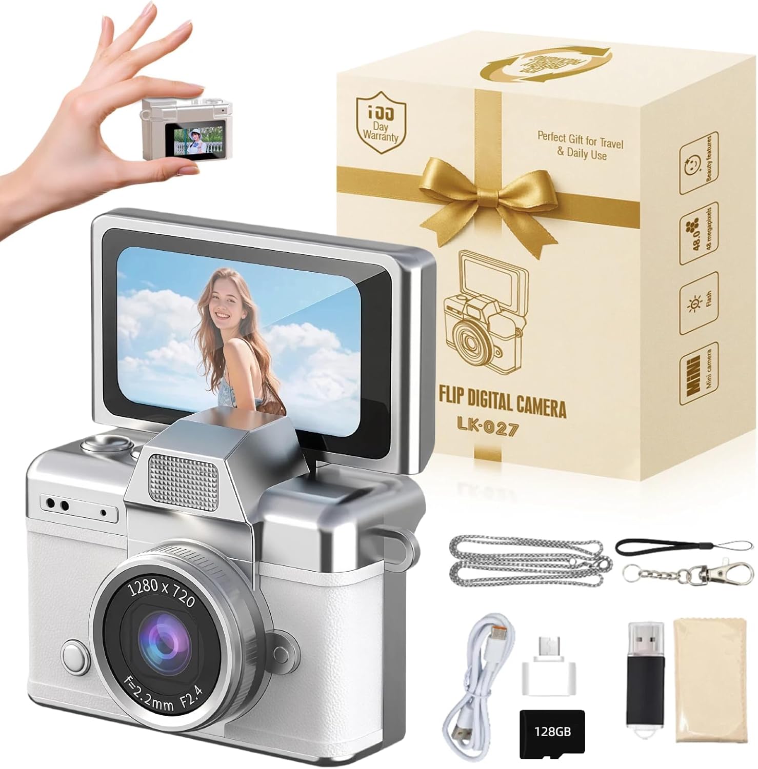 VintageMiniDigitalCamera,Retro1080PHDVideoKeychain Camera,Portable Small Body Cam with 0.96” IPS Screen,Type-C Charging Go Cam for Travel & Photography Enthusiasts,Phone Card Included128GB (White)