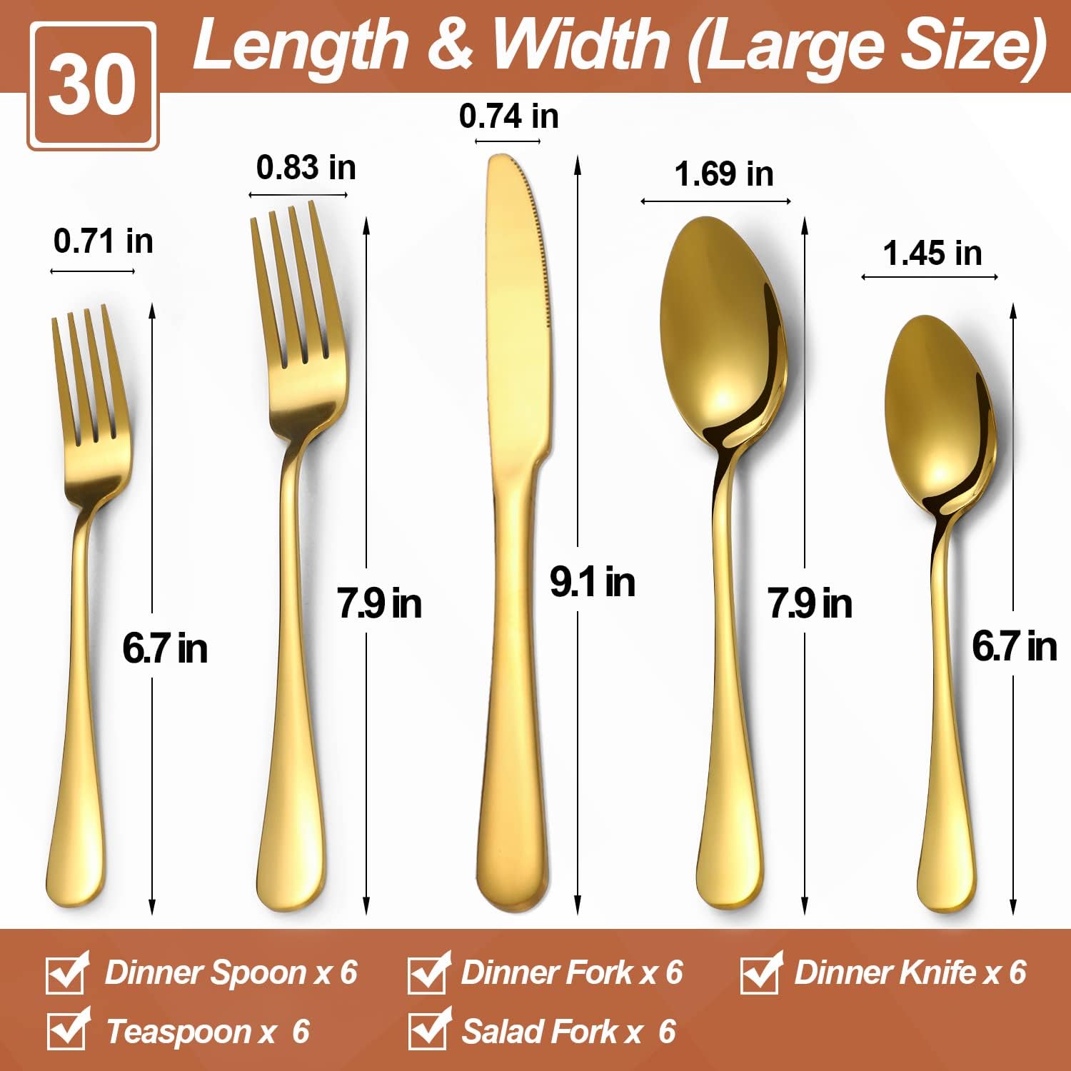 Lazycorner 30 Pcs Gold Silverware Set for 6, Food Grade Stainless Steel Flatware Set Include Fork/Knife/Spoon, Mirror Polished Eating Utensils Sets, Reusable Silverwear Cutlery Set, Dishwasher Safe - Image 2