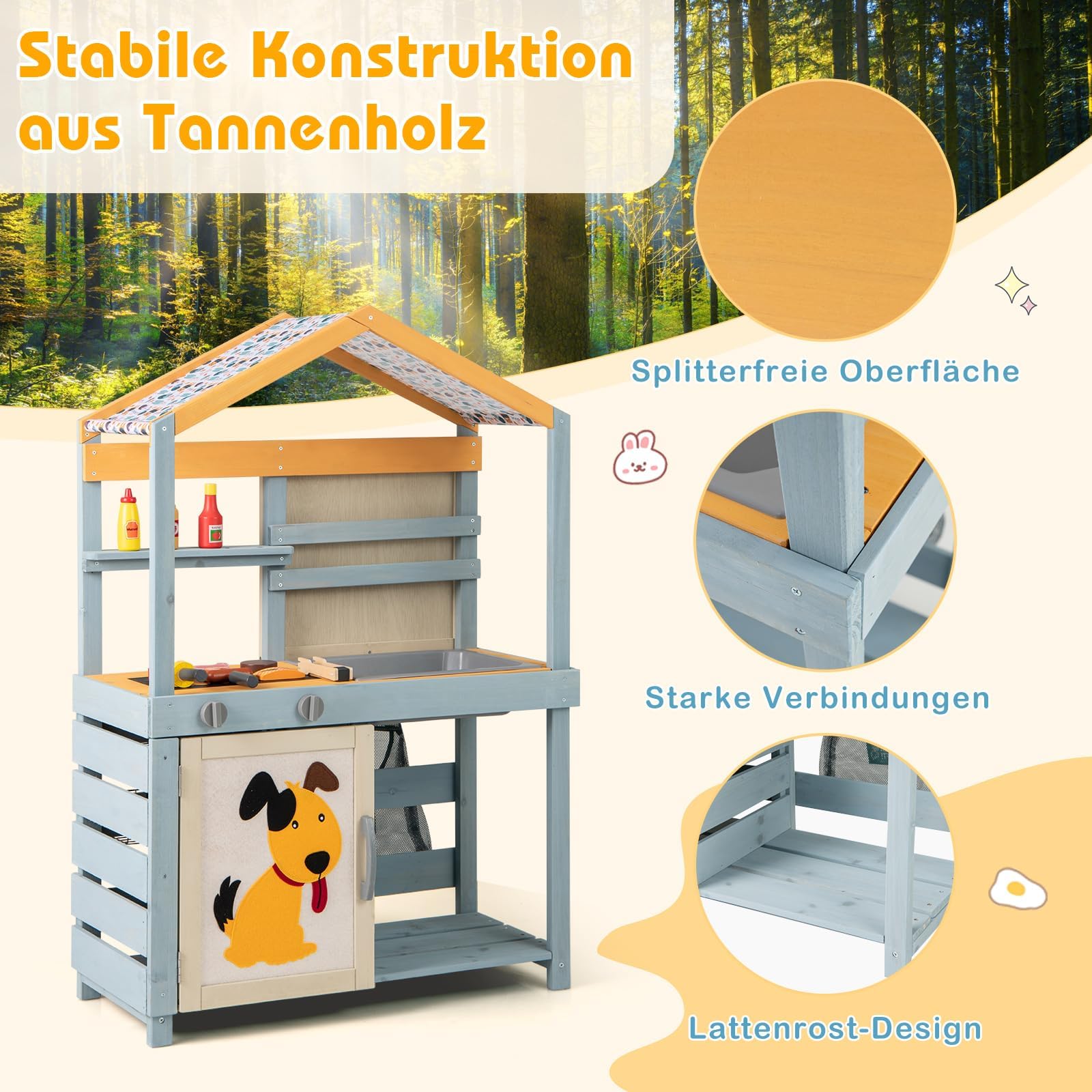 COSTWAY 2-IN-1 Matschküche Kinder Outdoor, Kinderküche Holz mit Tasche & Körben, Tafel & Zubehör, Spielküche mit ausnehmbarem Spülbecken, Outdoorküche für Kinder ab 3 Jahren