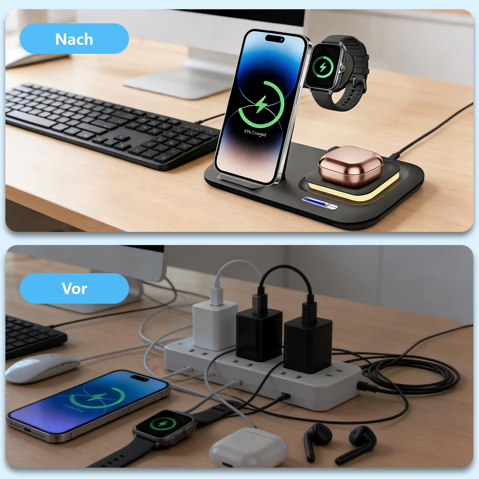 Bezprzewodowa łAdowarka,Stacja łAdująCa 3 w 1 do iPhone 17 16 15 14 13 12 11/Pro/Max/Plus,Indukcyjna Bezprzewodowa łAdowarka z Lampką Nocną do Apple Watch 10/9 z Airpods 3/2/Pro,Ciemnoczarna
