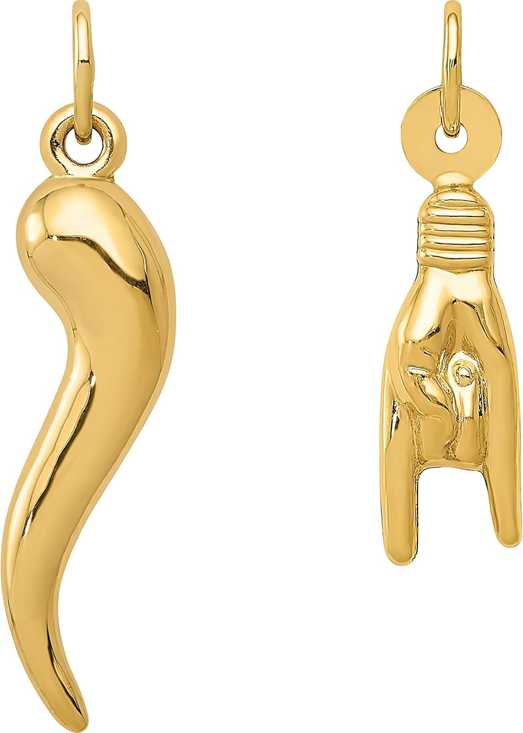 14k Yellow Gold Italian Horn & Good Luck Hand/Sign Language Charms Kit 2 Pcs