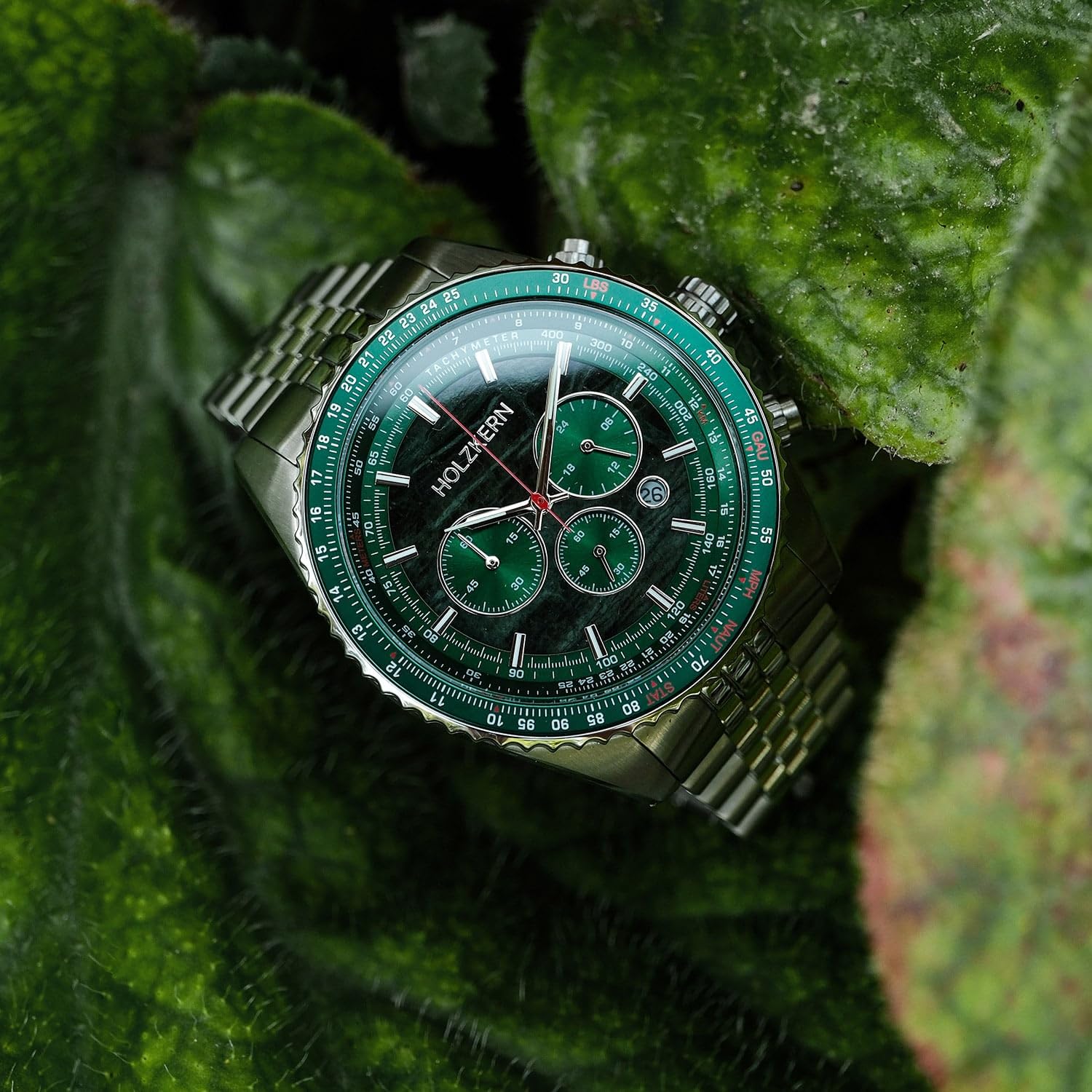 HOLZKERN Herrenuhr Chronograph Openhorizon Marmor Grün/Silberfarben