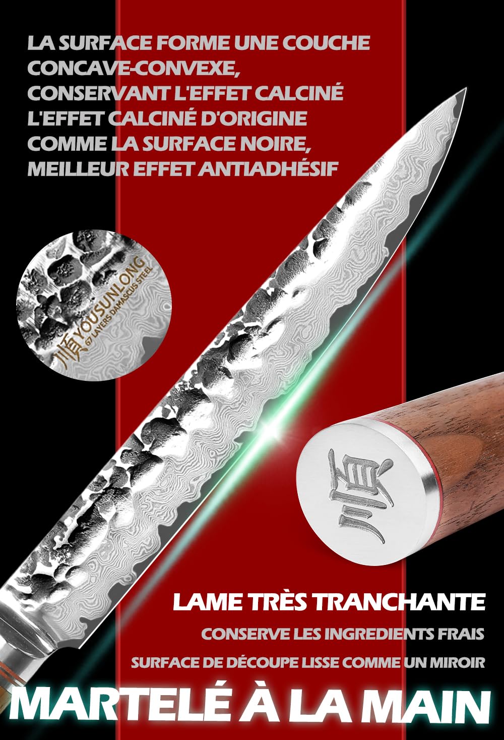 YOUSUNLONG Couteaux à découper - Couteaux à Sashimi Lame aiguisée 200mm - Couteau à Sushi Japonais VG10 Acier Damas Martelé - Manche en bois de noyer naturel avec étui en cuir