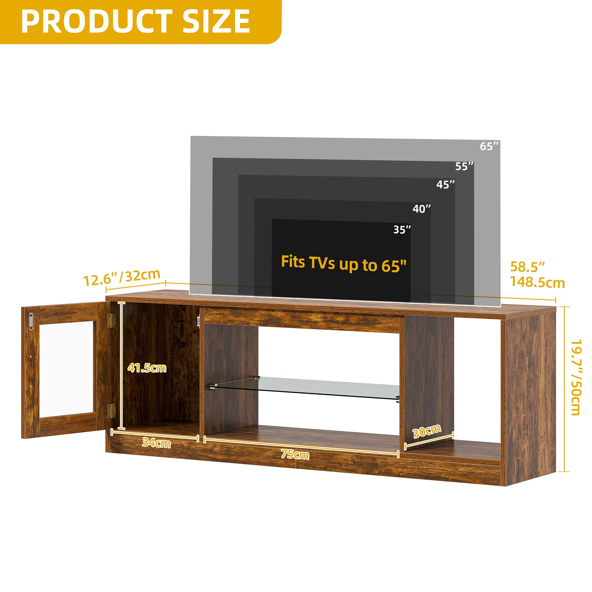 DWVO 148cm Mobile TV con Illuminazione LED RGB 22 Modalità Per TV fino a 65 Pollici Scaffale con Ripiani in Vetro Regolabili Ideale per Soggiorno e Camera da Letto