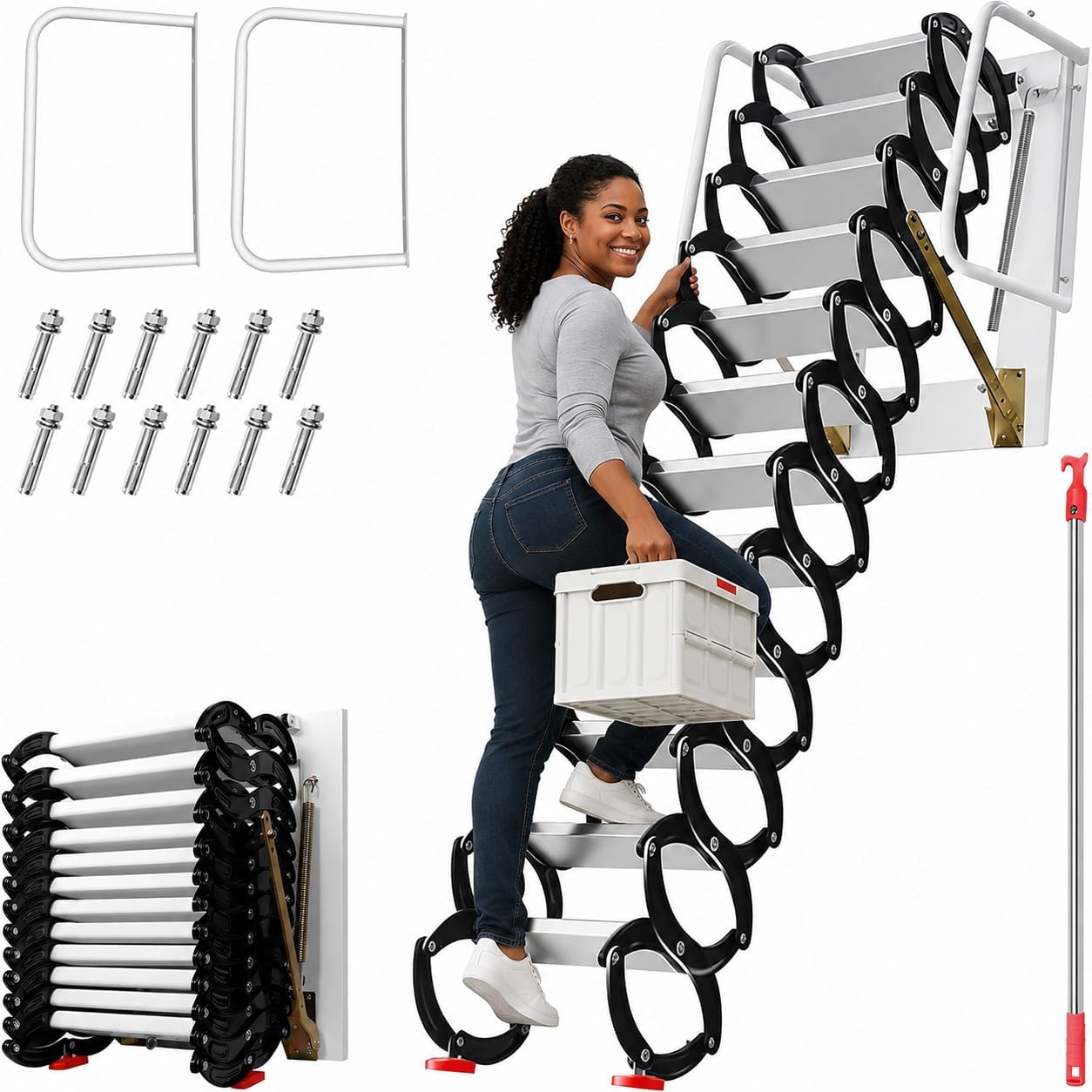 12FT Foldable Titanium Magnesium Alloy Loft Stairs, 27 × 23 in Attic Ladder
