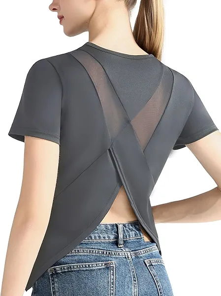 Ama Larsi Short Sleeve Workout Tops for Women Athletic Gym Split Back Breathable T Shirts Loose Fit Yoga Tops