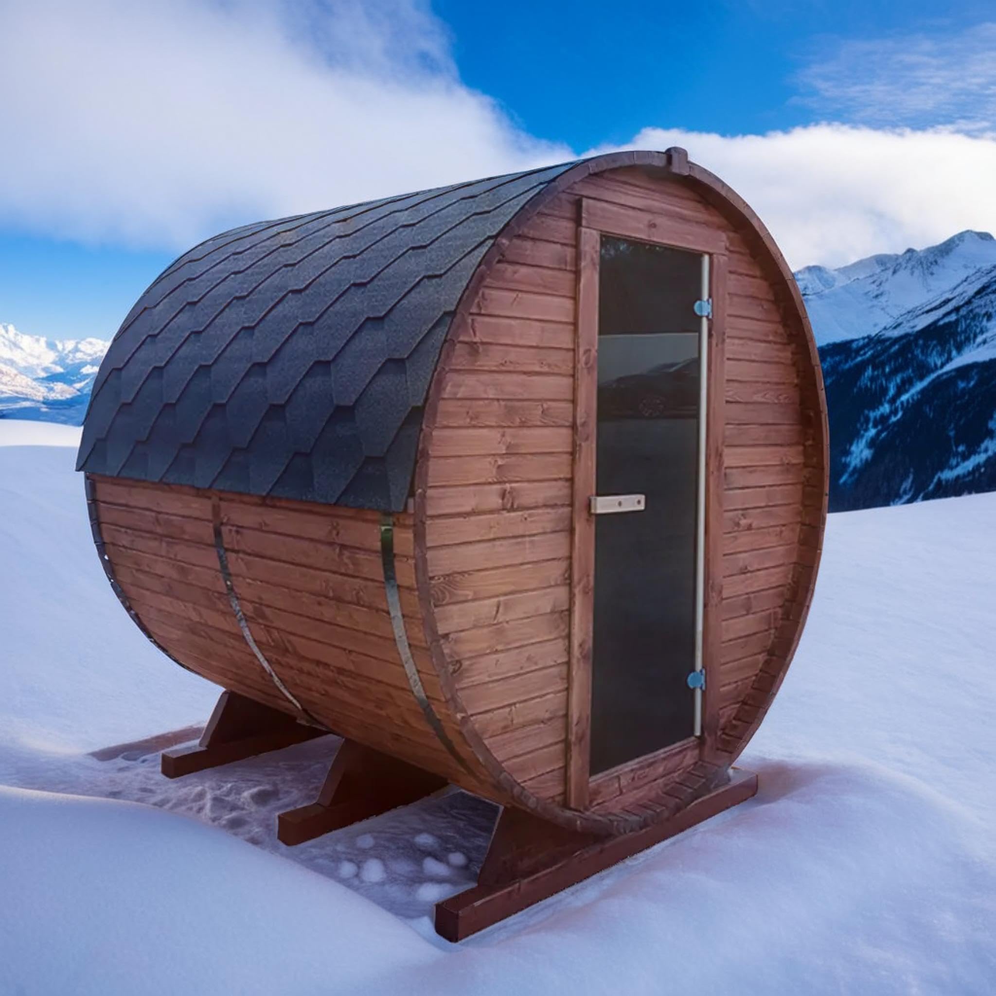 Gartensauna Fasssauna aus Holz für 4 Personen, Rund | Mit LED-Beleuchtung Außensauna für Garten & Terrasse (Dachfarbe: Braun, Teak)