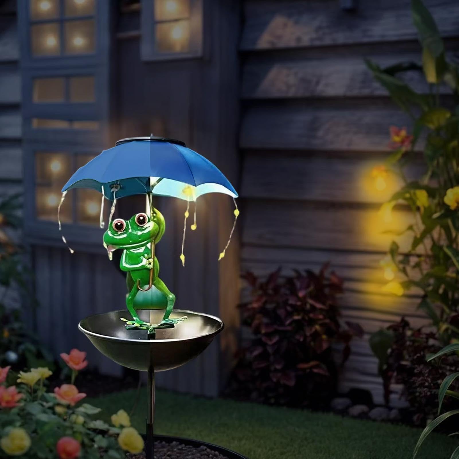 Megatwix Frog Design Solar Bird Feeder - Fun Feeding Station with Stake - Bird Bath LED Light Garden | for Garden Yard Backyard Lawn Park Landscape