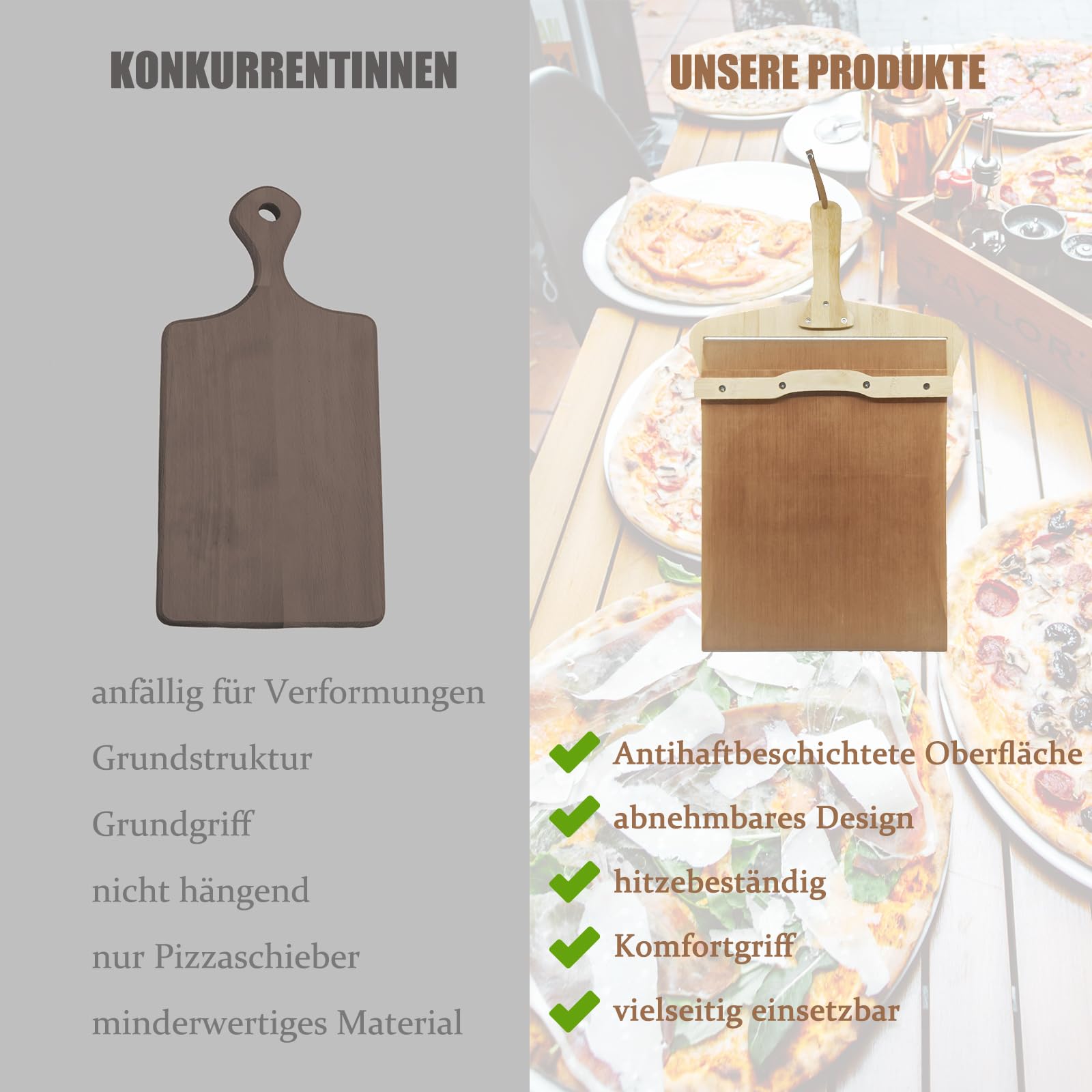 Pala deslizante para pizza, 30 cm, antiadherente, con cortador de pizza, resistente al calor a 300 °C, mango de bambú de 55 cm, herramienta de transferencia de pizza extraíble para interior y exterior