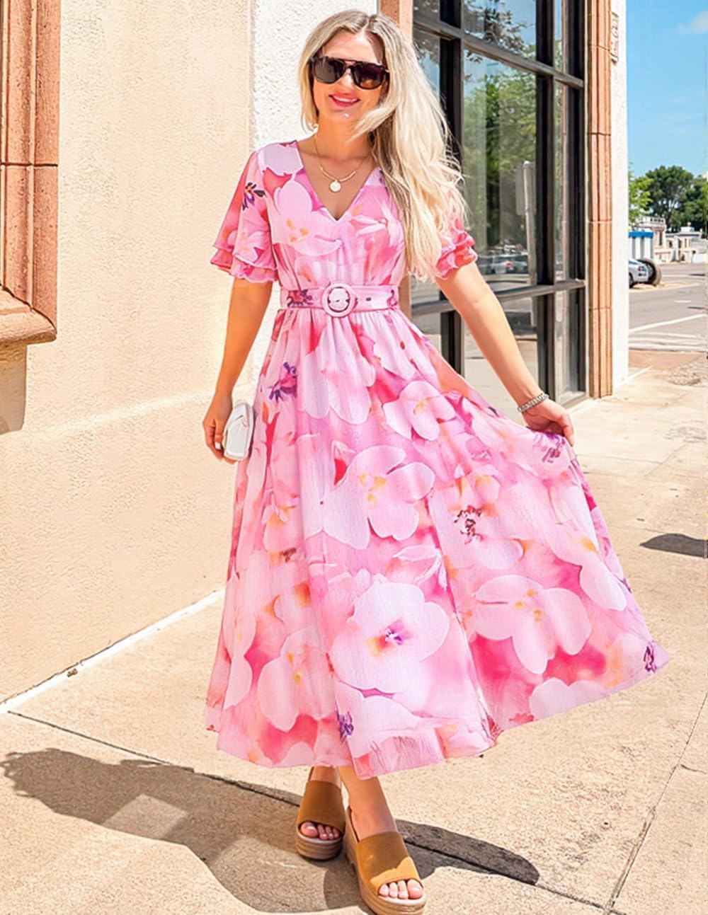 ZESICA Women's 2026 Summer Floral V Neck Midi Dress Boho Short Sleeve High Waist Flowy Beach Vacation Dresses with Belt - Image 6