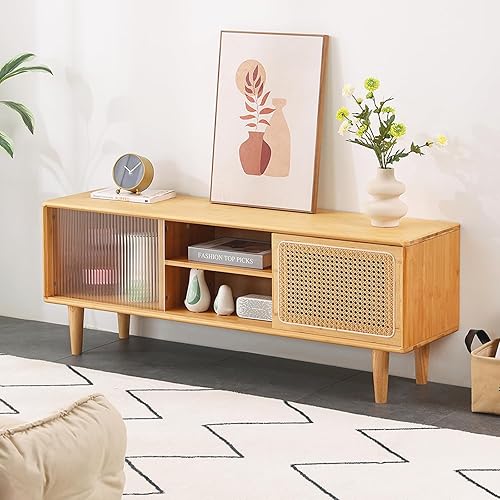 Miniatura 9 de Tiita Soporte de TV de ratán para TV de 55 pulgadas, gabinete de TV de bambú con estante ajustable y almacenamiento, centro de entretenimiento