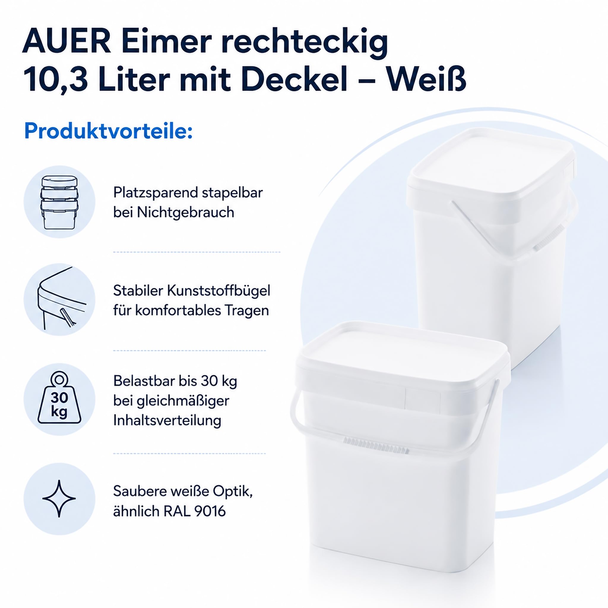 AUER 10,3 Liter Eimer rechteckig lebensmittelecht mit Deckel 29 x 20 x 27 cm Weiß 10 Stück