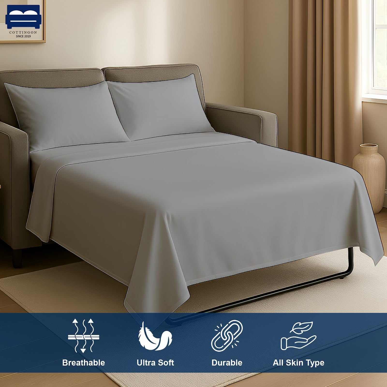 Cottingon 4 Piezas De Sábanas Tamaño Queen Para Sofá Cama, 100% Sábanas De Microfibra Cepillada Para Sofá, Se Ajusta Fácilmente Hasta 8" De Profundidad Para Colchón Extraíble De 60" X 74