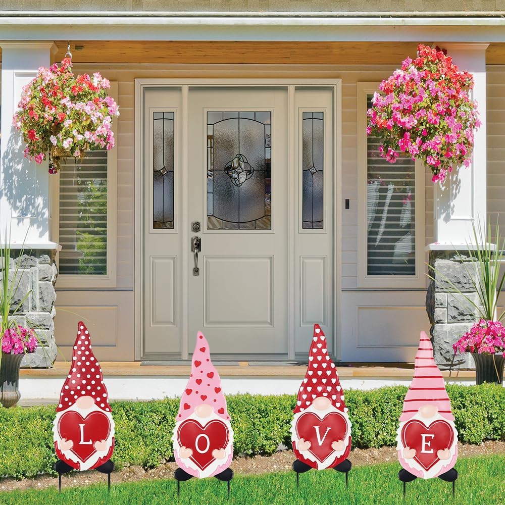 hogardeck Valentines Day Decorations Outdoor, 4 Pcs Metal Gnomes Decorative Garden Stakes for Valentines Day Decor, Yard Sign with Love Garden Decor for Home Outside Lawn Porch Anniversary Wedding
