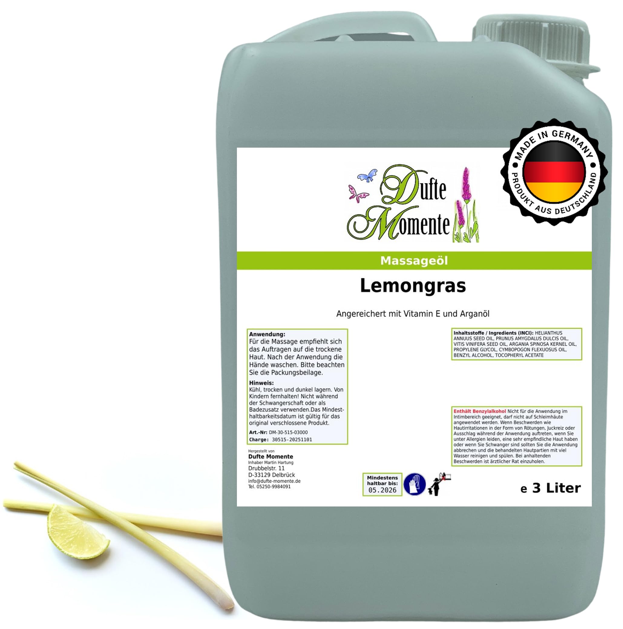 Dufte Momente Massageöl Lemongras – 3 Liter – Pflanzenölbasis mit ätherischem Lemongrasöl – frisch & vitalisierend – für Massage & Wellness – vegan & Made in Germany